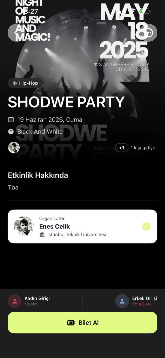 Etkinlik detay ekranı — afiş, kota durumu ve Bilet Al